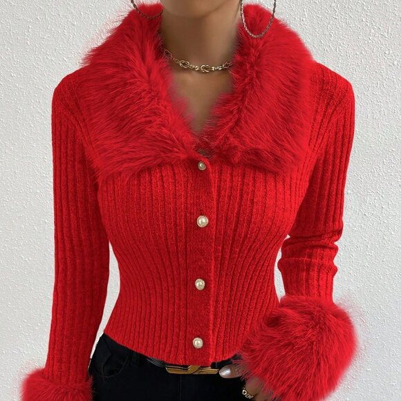 Red Casual Women's Fuzzy Patchwork Slim Fit Cardigan - Picture 7 of 8